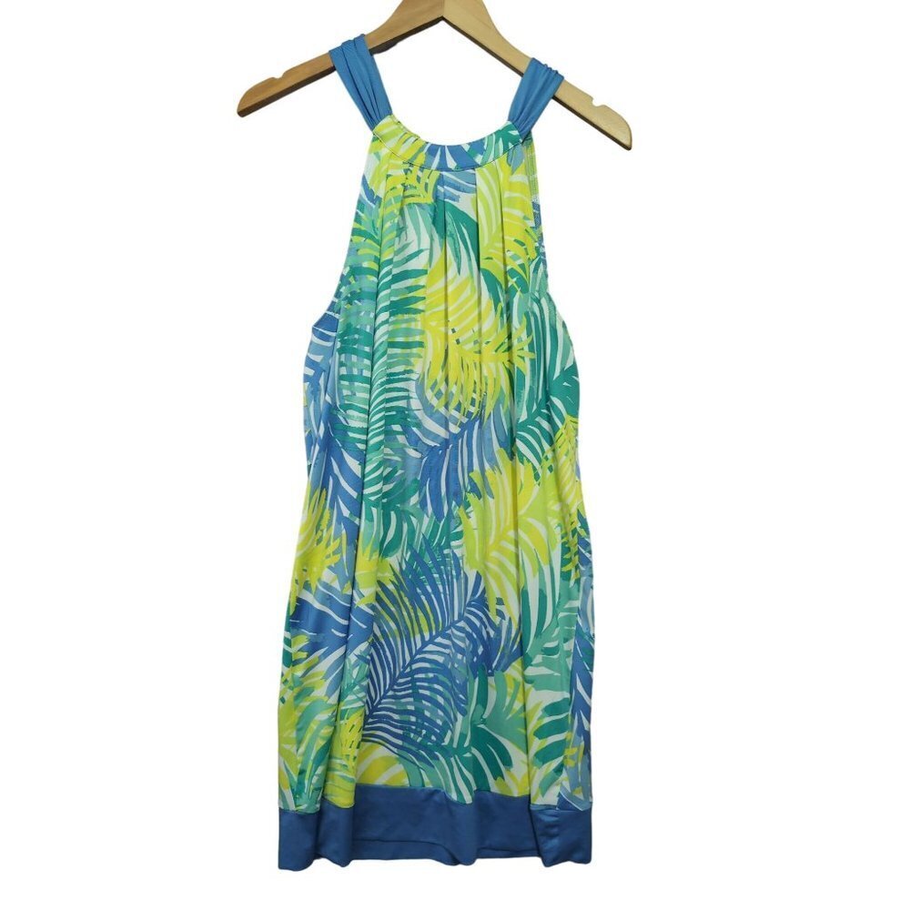 Mud Pie Shift Dress Womens M Blue Tropical Floral Sleeveless Mini‎ Tie